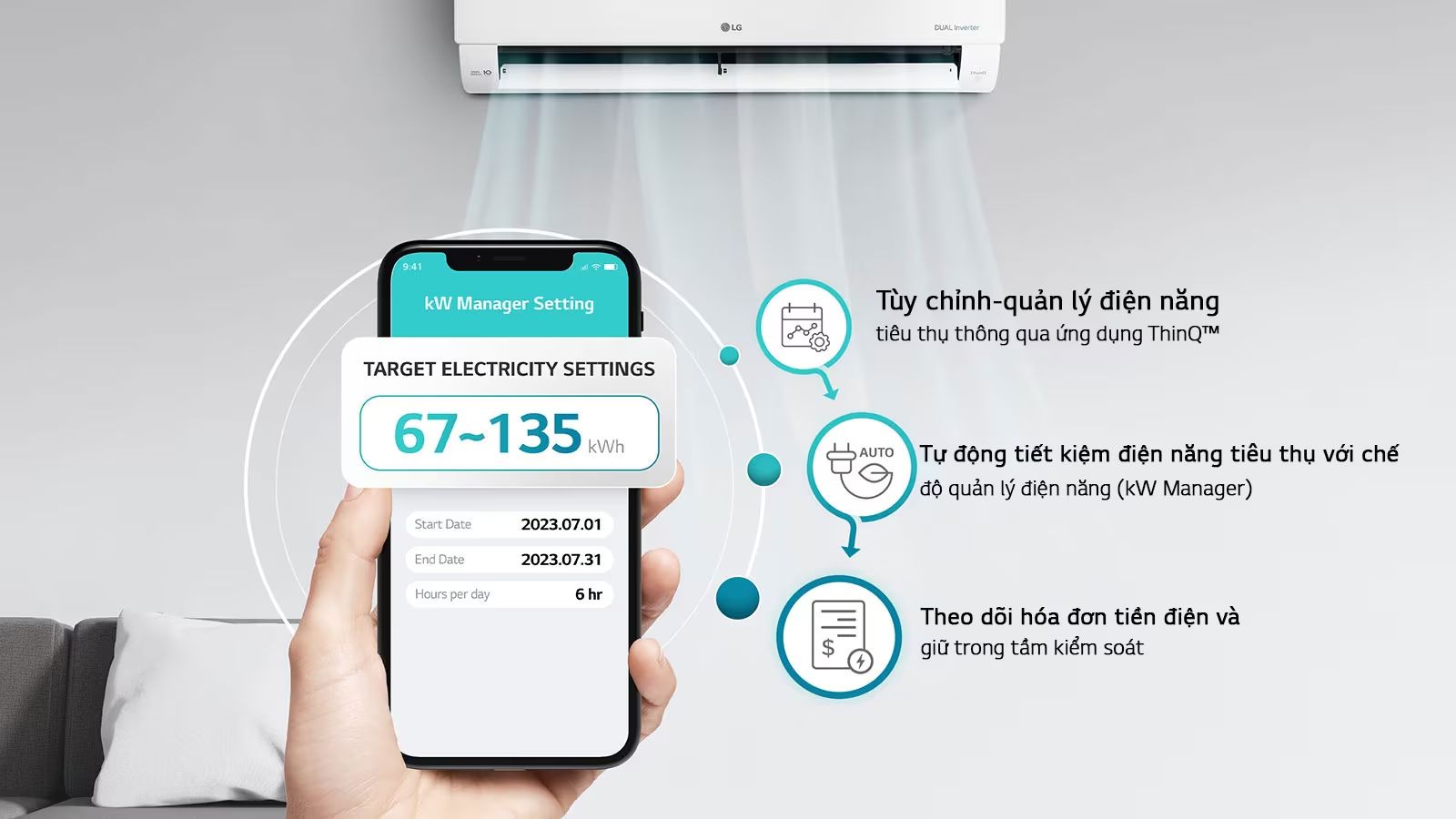 Trên ứng dụng LG ThinQ bạn có thể cài đặt và quản lý mức độ tiêu thụ điện